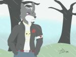  anthro beard canine darius_kaiser facial_hair heterochromia male mammal mrkhaerus raining skull solo wolf 