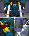  2018 anthro areola big_breasts black_skin blue_skin bound breasts clothed clothing comic digimon digimon_(species) doumon english_text female fur furball open_mouth purple_skin pussy renamon taomon text 