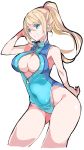  blonde_hair blue_eyes blush breasts enpe front_zipper_swimsuit high_ponytail highres large_breasts long_hair looking_at_viewer meme_attire metroid navel one-piece_swimsuit open_mouth ponytail samus_aran simple_background skin_tight smile solo swimsuit 