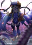  abigail_williams_(fate/grand_order) adjusting_eyewear alternate_costume arm_up avicebron_(fate) avicebron_(fate)_(cosplay) bangs bespectacled black_bow blonde_hair blue_cape blue_eyes blue_legwear blurry blurry_foreground bow cape commentary_request cosplay depth_of_field fate/grand_order fate_(series) flat_chest forehead glasses hair_bow helmet highres keyhole long_hair looking_at_viewer object_hug orange_bow parted_bangs smile spikes stuffed_animal stuffed_toy teddy_bear tentacles thighhighs tsuyadashi_shuuji 