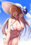  :d ass_visible_through_thighs bikini bit_(keikou_syrup) blue_sky blurry breasts brown_hair cleavage commentary cowboy_shot criss-cross_halter day depth_of_field eyebrows_visible_through_hair flower girls_frontline green_eyes hair_tucking halterneck hand_up hat hat_flower highres large_breasts long_hair looking_at_viewer m1903_springfield_(girls_frontline) multi-strapped_bikini navel o-ring o-ring_bikini o-ring_top open_mouth outdoors sky smile solo swimsuit thigh_gap white_bikini 