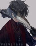  black_gloves black_hair black_shirt commentary_request cross cross_earrings cross_necklace earrings glint gloves grey_background hidden_face holding holding_mace holding_weapon jewelry long_sleeves mace male_focus necklace original plague_doctor_mask ryuuki_(hydrangea) shadow shawl shirt simple_background solo twitter_username upper_body weapon 