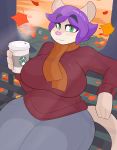  2018 anthro autumn beverage big_breasts breasts clothed clothing coffee cougar feline female fur green_eyes hair hi_res jeans kilinah leaves mammal outside pants park pink_nose purple_hair scarf smile solo starbucks sweater tan_fur thick_thighs tree voluptuous 