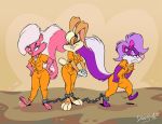  2018 bimbette blonde_hair clothing dodgyrom eyes_closed female fifi_la_fume fur hair lagomorph lola_bunny looney_tunes mammal mephitid orange_jumpsuit pink_fur prison prison_suit purple_fur rabbit skunk smile tiny_toon_adventures warner_brothers 