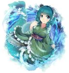  blue_hair breasts commentary_request drill_hair eyebrows_visible_through_hair frilled_kimono frills green_kimono head_fins japanese_clothes kimono kuro_nasu long_sleeves looking_at_viewer medium_breasts medium_hair mermaid monster_girl obi sash solo touhou wakasagihime water white_background wide_sleeves 