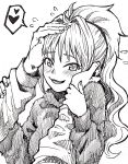  :d bangs blush commentary fingernails greyscale haiokumantan_c hair_intakes hands_on_another's_face heart high_contrast highres hino_akane_(idolmaster) idolmaster idolmaster_cinderella_girls long_hair long_sleeves looking_to_the_side monochrome nose_blush open_mouth petting ponytail smile solo_focus spoken_heart sweater traditional_media wavy_hair white_background 