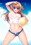  :d arm_up ass_visible_through_thighs ball beachball blue_eyes blush bracelet breasts brown_hair covered_nipples day eyes_visible_through_hair groin head_tilt holding jewelry legs_apart long_hair medium_breasts navel open_mouth original outdoors revision ruri_rarako shirt short_shorts shorts smile solo standing sunlight sweat two_side_up wet wet_clothes wet_shirt white_shirt 