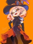  1girl artist_name bangs black_gloves black_hat black_legwear black_neckwear blue_shirt blunt_bangs boots bow bowtie brown_footwear cravat cursive domino_mask elbow_gloves english fangs gloves goggles goggles_on_headwear hand_on_hip hat hat_feather head_tilt high-waist_skirt hime_(splatoon) leg_up looking_at_viewer mask medium_skirt orange_background orange_eyes orange_skirt pantyhose pink_hair pointy_ears retro shirt short_hair short_sleeves signature skirt solo splatoon_(series) splatoon_2 standing standing_on_one_leg tentacle_hair top_hat ueda_kou 