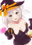  :d alternate_costume artist_name basket black_dress black_gloves blush breasts candy cleavage cosplay dated detached_sleeves dress food gloves green_eyes grey_hair halloween halloween_costume hat hat_ornament highres jack-o'-lantern kadzuki_kan kantai_collection kinugasa_(kantai_collection) lollipop long_hair looking_at_viewer medium_breasts open_mouth puff_and_slash_sleeves puffy_detached_sleeves puffy_sleeves remodel_(kantai_collection) signature smile solo translation_request witch_hat 