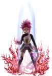  armor boots dragon_ball dragon_ball_heroes fire forte_(dragon_ball) gloves kotons long_hair mole mole_under_mouth monkey_tail pink_eyes pink_hair ponytail solo super_saiyan_god tail thighhighs white_background 