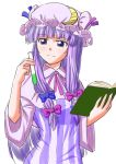  alternate_color blue_bow blue_ribbon book bow commentary_request cowboy_shot crescent crescent_moon_pin graphite_(medium) hair_bow hat hat_ribbon highres light_smile long_hair open_book patchouli_knowledge potion purple_bow purple_eyes purple_hair purple_ribbon raised_eyebrow ribbon shino-puchihebi simple_background sketch smile solo test_tube touhou traditional_media upper_body very_long_hair white_background 
