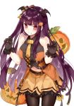  bangs bare_shoulders belt belt_buckle black_hairband black_shirt black_wings blush breasts brown_belt brown_legwear buckle claw_pose clenched_teeth collared_shirt commentary_request cowboy_shot eyebrows_behind_hair fake_wings girls_frontline hairband halloween_costume hands_up hasegawa_(rarairairai) head_wings highres jack-o'-lantern leaning_forward long_hair looking_at_viewer medium_breasts navel necktie orange_neckwear orange_skirt pantyhose pleated_skirt purple_hair red_eyes shirt simple_background skirt sleeveless sleeveless_shirt solo teeth very_long_hair wa2000_(girls_frontline) white_background wings 