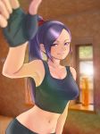  1girl bare_shoulders bike_shorts blush breasts closed_mouth dragon_quest dragon_quest_xi fingerless_gloves gloves lips long_hair looking_at_viewer martina_(dq11) midriff navel ponytail purple_eyes purple_hair solo very_long_hair 