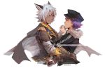  adonis_otogari animal_humanoid belt black_ears blue_eyes cape cat_humanoid clothing dark_skin digital_media_(artwork) duo ensemble_stars eustace_(granblue_fantasy) eye_contact feline gloves granblue_fantasy hand_holding hand_on_shoulder hand_on_waist hat human humanoid male mammal patreon reddverse signature simple_background smile white_background yellow_eyes 