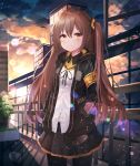  bangs black_jacket black_legwear black_ribbon black_skirt blush brown_eyes brown_hair building cloud cloudy_sky commentary dress_shirt eyebrows_visible_through_hair girls_frontline hair_between_eyes hair_ornament hands_in_pockets highres jacket long_hair long_sleeves looking_at_viewer neck_ribbon one_side_up open_clothes open_jacket outdoors pantyhose pleated_skirt railing ribbon scar scar_across_eye shiro_(acad1213) shirt skirt sky skyscraper solo sunset ump45_(girls_frontline) very_long_hair white_shirt 