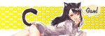  :d animal_ears ass asymmetrical_bangs bangs black_hair bone bone_print brown_eyes cat_ears cat_tail commentary_request fang gao highres long_hair looking_at_viewer lying on_stomach open_mouth original shirt simple_background smile solo speech_bubble tail wakegi9315 yellow_background 