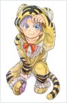  animal_costume animal_print blue_eyes border costume dragon_ball dragon_ball_z eyebrows_visible_through_hair fingernails full_body grey_border hand_in_hair happy hood hood_up hoodie long_sleeves looking_at_viewer male_focus mochi_mikan purple_hair red_ribbon ribbon short_hair simple_background smile tiger_costume tiger_print trunks_(dragon_ball) white_background 