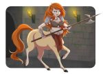  2018 5_fingers alpha_channel armor blue_eyes centaur dennyvixen digital_media_(artwork) dvixie equine equine_taur eyelashes female hair holding_object holding_weapon hooves mammal orange_hair smile solo taur weapon 