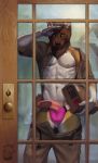  2012 abs akita anthro belt brown_bottomwear brown_clothing brown_fur brown_nose brown_pants brown_shirt brown_tail brown_topwear canine claws clothed clothing detailed_background digital_media_(artwork) dog door fur half-erect hi_res holding_object humanoid_penis hurst male mammal multicolored_fur muscular muscular_male nipples omari open_shirt package pants pants_down partially_clothed pecs penis pink_bottomwear pink_clothing pink_nipples pink_penis pink_underwear poking_out shirt solo underwear vein veiny_penis yellow_eyes 