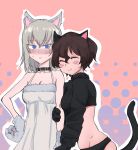  animal_ears arm_grab blush brown_hair cat_ears cat_girl cat_tail collar commentary dress fur_collar girls_und_panzer highres itsumi_erika long_hair multiple_girls open_mouth short_hair smile tail toku_(yhpv8752) weat white_hair wolf_ears wolf_girl 