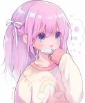  bad_id bad_pixiv_id blue_eyes commentary_request highres long_hair mask_pull original pink_hair pink_sweater pulled_by_self ribbon side_ponytail sleeves_past_wrists smile solo surgical_mask sweater upper_body 