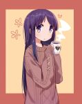  aran_sweater closed_mouth cup eyebrows_visible_through_hair highres hinata_yukari horoda_(user_wfaw4827) long_hair looking_at_viewer mug purple_eyes purple_hair simple_background solo sweater yuyushiki 