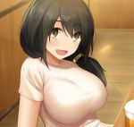  alcohol bangs beer black_hair breasts brown_eyes cccpo commentary_request eyebrows_visible_through_hair large_breasts long_hair looking_at_viewer original raised_eyebrows shirt sitting smile solo t-shirt 