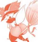  anthro anthrofied boots bow breasts broom butt canine clothing delphox female footwear halloween hat holidays legwear lonbluewolf looking_back magic_user mammal monochrome nintendo nipples pok&eacute;mon pok&eacute;mon_(species) pok&eacute;morph red_and_white simple_background solo stockings video_games white_background witch witch_hat 