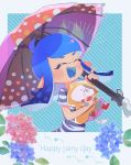  :d animal artist_name bangs blue_background blue_hair blue_tongue blunt_bangs blush cat closed_eyes commentary diagonal-striped_background diagonal_stripes domino_mask english fangs flower grey_shirt holding holding_animal holding_umbrella inkling kitten kojajji-kun_(splatoon) long_hair mask notice_lines open_mouth outside_border pink_umbrella rain shirt short_sleeves signature smile solo splatoon_(series) splatoon_2 standing star striped striped_background striped_shirt t-shirt tentacle_hair ueda_kou umbrella upper_body 