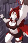  2018 anthro breasts canine cleavage clothed clothing detailed_background digital_media_(artwork) dog female hair lunarez mammal midriff navel orange_eyes red_hair solo 