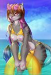  2018 5_fingers anthro bikini biped breasts brown_hair cat chrissy_(geekiestgeeker) clothed clothing ear_piercing exposed_breasts eyebrows eyelashes feline female fur grey_fur grey_stripes grey_tail hair holding_object horn inflatable long_hair mammal multicolored_fur multicolored_hair multicolored_tail nipples partially_submerged piercing purple_eyes purple_hair purple_horn purple_lips purple_nipples purple_nose radiant_scar skimpy sky slit_pupils solo striped_fur striped_tail stripes swimsuit tail_tuft tuft two_tone_hair water 