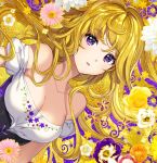  bad_id bad_twitter_id bare_shoulders blonde_hair blush breasts cleavage collarbone corset eyebrows_visible_through_hair flower large_breasts long_hair looking_at_viewer nardack original parted_lips purple_eyes solo upper_body very_long_hair yellow 