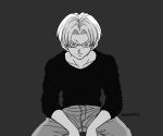  artist_name black_shirt denim dragon_ball dragon_ball_z elbows_on_knees expressionless frown grey_background greyscale jeans long_sleeves looking_at_viewer male_focus monochrome pants ringoaomushi serious shaded_face shirt short_hair simple_background spread_legs trunks_(dragon_ball) upper_body 