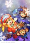  bike_shorts blonde_hair breasts brown_gloves cabbie_hat commentary_request data_(rockman_dash) dinef gloves green_eyes hat jacket long_hair open_mouth red_shorts rock_volnutt rockman rockman_dash roll_caskett shorts small_breasts smile snow 