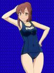  aoyama_nanami arm_behind_head bare_shoulders blunt_bangs closed_mouth collarbone covered_navel cowboy_shot hand_on_hip legs medium_breasts name_tag ponytail sakura-sou_no_pet_na_kanojo school_swimsuit swimsuits 