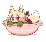  :&lt; animal_ear_fluff animal_ears bangs bell bell_collar blonde_hair blush collar eyebrows_visible_through_hair fox_ears fox_girl fox_tail green_shirt hair_between_eyes hair_bun hair_ornament in_bowl in_container jingle_bell kemomimi-chan_(naga_u) long_sleeves looking_at_viewer minigirl naga_u original parted_lips pleated_skirt purple_skirt red_collar red_eyes sailor_collar school_uniform serafuku shirt skirt sleeves_past_fingers sleeves_past_wrists solo tail triangle_mouth white_background white_sailor_collar 