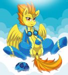  2018 amber_eyes bodysuit clothing cloud cloudscape dock equine eyelashes eyewear feathered_wings feathers featureless_crotch female feral friendship_is_magic fur goggles hair hi_res looking_at_viewer mammal multicolored_hair my_little_pony on_cloud open_mouth outside pegasus sitting skinsuit sky smile solo spitfire_(mlp) spread_legs spreading tight_clothing two_tone_hair unzipped vavacung wings wonderbolts_(mlp) yellow_feathers yellow_fur 