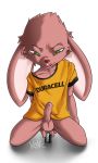  anal anal_penetration anthro balls battery big_ears clothed clothing cum duracell duracell_bunny ejaculation erection fur green_eyes humanoid_penis improvised_sex_toy kektails lagomorph male mammal open_mouth partially_clothed penetration penis pink_fur precum rabbit simple_background smile solo spreading tongue young 