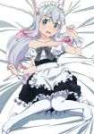  alternate_costume apron bed_sheet black_skirt blue_eyes blush bow collarbone embarrassed enmaided eromanga_sensei eyebrows_visible_through_hair flat_chest floating_hair frilled_apron frilled_skirt frills from_above full_body gradient_hair hair_bow head_tilt high-waist_skirt highres izumi_sagiri long_hair looking_at_viewer low-tied_long_hair lying maid maid_headdress multicolored_hair no_shoes off-shoulder_shirt on_back open_mouth pantyhose pink_bow pink_hair pink_x shiny shiny_hair shirt sidelocks silver_hair skirt solo two-tone_hair very_long_hair waist_apron white_apron white_legwear white_shirt wrist_cuffs 