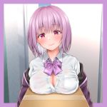  blush bow breast_pocket breast_rest breasts button_gap carried_breast_rest cleavage closed_mouth collared_shirt eyebrows_visible_through_hair highres inagita large_breasts looking_at_viewer partially_unbuttoned pink_hair pocket purple_bow purple_eyes shinjou_akane shirt short_hair smile solo ssss.gridman upper_body white_shirt 