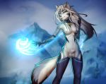  2018 5_fingers animal_genitalia animal_penis anthro arctic_wolf areola armor balls blue_fur breasts canine clothing crossgender detailed_background dickgirl digital_media_(artwork) fur gloves hair hazelmere hi_res humanoid_hands intersex legwear looking_at_viewer magic mammal mostly_nude nipples nude outside penis sheath snow solo standing thigh_highs unconvincing_armor vienne white_fur wolf 