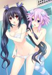  black_hair blush bra breasts hair_censor hair_ornament hair_ribbon highres jitome locker locker_room long_hair multiple_girls neptune_(choujigen_game_neptune) neptune_(series) noire nude official_art open_mouth panties panty_pull purple_eyes purple_hair red_eyes removing_bra ribbon short_hair strap_slip striped striped_legwear tsunako twintails underwear undressing very_long_hair yuri 