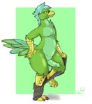  anthro avian balls beak bird blue_feathers blue_hair butt clothing erection feathers green_feathers hair invalid_tag looking_at_viewer male nude pants parrot patrigue penis solo talons undressing wide_hips wingedwilly yellow_eyes 
