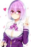  absurdres artist_name blush breasts button_gap cleavage closed_mouth collared_shirt eyebrows_visible_through_hair glasses heart highres hood hoodie large_breasts long_sleeves looking_at_viewer partially_unbuttoned pink_eyes purple_hair shinjou_akane shirt signature smile solo ssss.gridman taitai uniform upper_body v white_shirt 