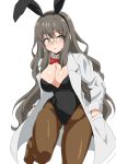  animal_ears black_leotard bow bowtie brown_eyes brown_legwear bunny_ears bunny_girl bunnysuit detached_collar feet_out_of_frame fishnet_pantyhose fishnets futaba_rio glasses grey_hair hands_in_pockets highres labcoat leotard long_hair looking_at_viewer open_clothes pantyhose red_neckwear seishun_buta_yarou simple_background solo strapless strapless_leotard ume_tetu wavy_hair white_background 