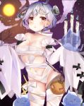 ass_visible_through_thighs azur_lane bandages blush bolt breasts candelabra cleavage commentary_request full_moon grey_hair halloween highres jack-o'-lantern katsushika_pachi large_breasts moon naked_bandage navel red_eyes short_hair solo stitches terror_(azur_lane) 