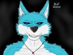  2018 anthro biped black_background black_nose black_sclera blue_eyes blue_fur canine fur grin hacal_(yeison99) hi_res jewelry looking_at_viewer male mammal multicolored_fur necklace scar sharp_teeth simple_background smile solo teeth toothy_grin two_tone_fur white_fur wolf yeison99 