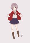  artist_request blue_skirt brown_eyes commentary_request eyebrows_visible_through_hair full_body highres jacket looking_at_viewer nagato_yuki purple_hair red_jacket shirt short_hair simple_background skirt solo suzumiya_haruhi_no_yuuutsu 