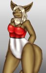  anthro clothing eevee female hi_res koekoek nintendo one-piece_swimsuit pok&eacute;mon pok&eacute;mon_(species) simple_background smile solo swimsuit video_games 