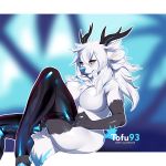  antlers blue_nose blue_tongue breasts butt cervine chest_tuft clothing featureless_breasts female hair hooves horn legwear long_hair looking_at_viewer mammal nosivi rubber sitting solo thigh_highs tofu93 tuft white_hair yellow_eyes 